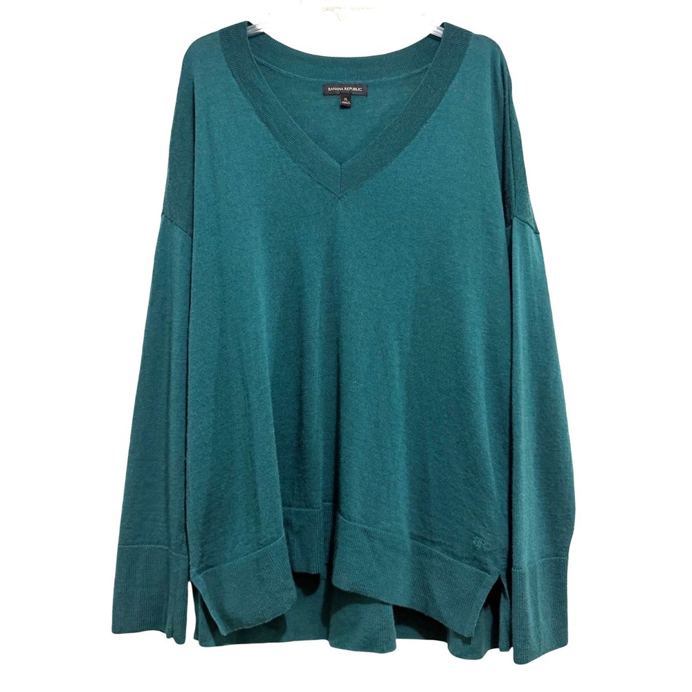 Banana Republic Womens XL Teal Merino Wool Oversized V-Neck Sweater Side Slits - Picture 1 of 5